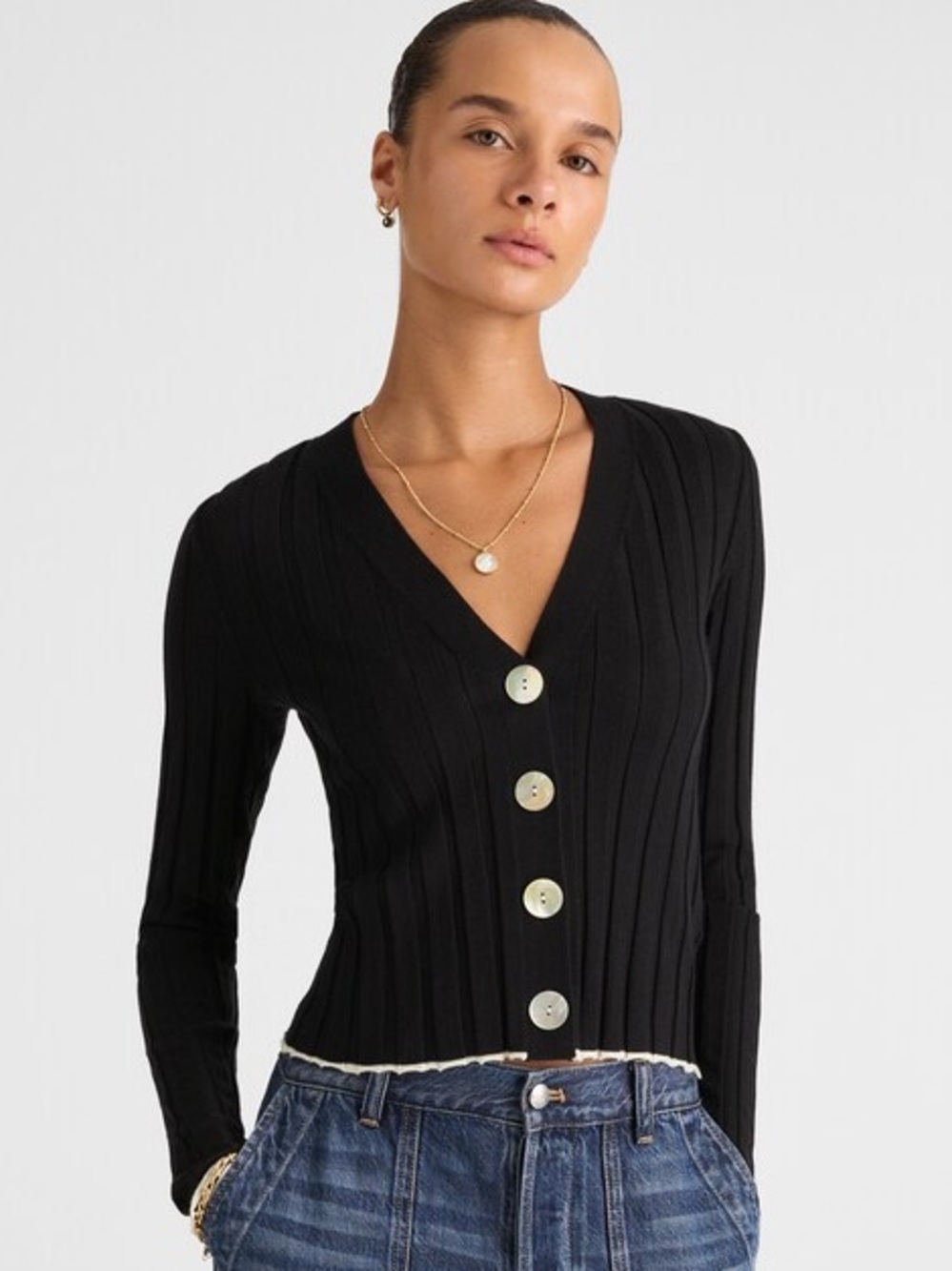 Madewell Tipped Merino Wool Silk Ribbed Cardigan Navy Medium